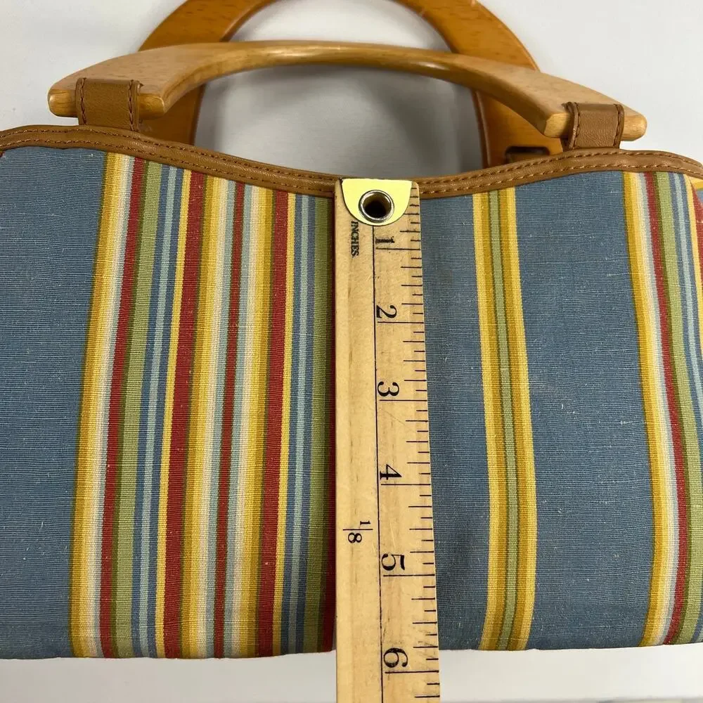 Fossil Cabana Stripe Canvas Wood Handled Satchel Handbag Purse Multicolor